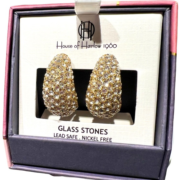 House of Harlow 1960 NWT Half Hoop Gold Tone Sparkling Glass Rhinestone Earrings - Picture 4 of 5